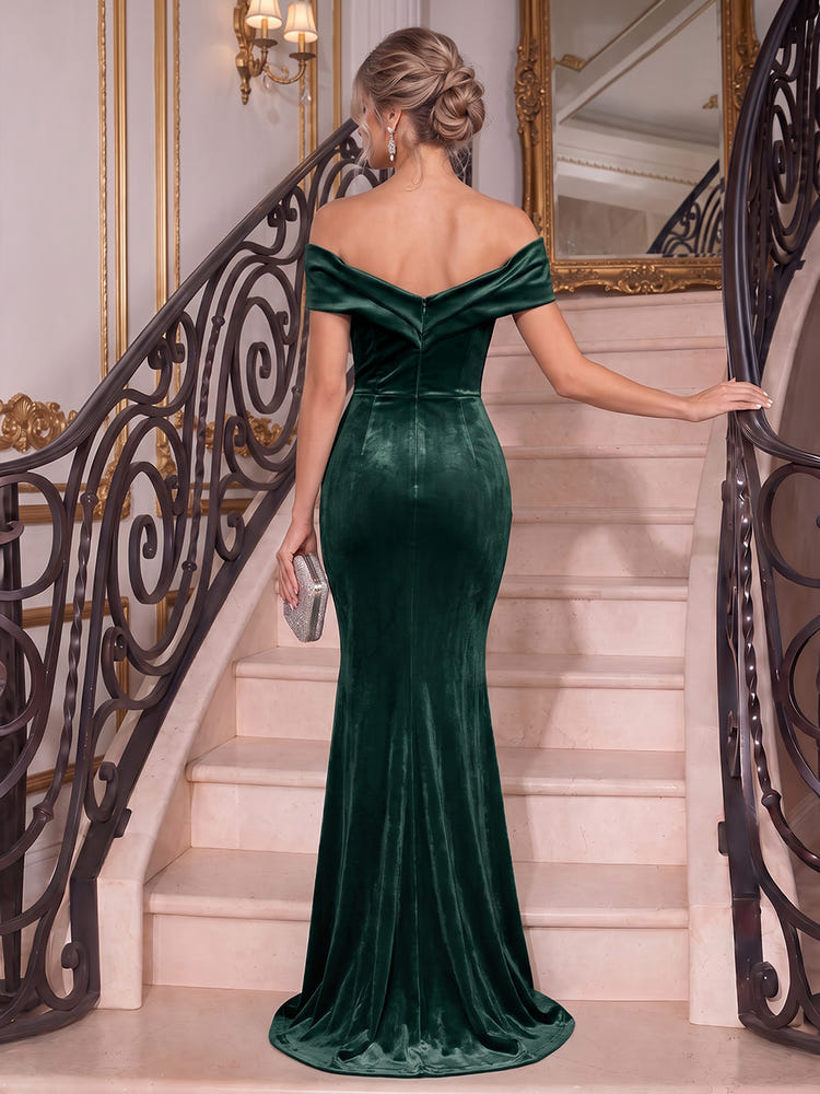 Velvet Mermaid Off Shoulder Maxi Evening Dresses with Folded V Sweetheart