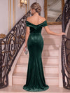 Velvet Mermaid Off Shoulder Maxi Evening Dresses with Folded V Sweetheart