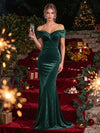 Velvet Mermaid Off Shoulder Maxi Evening Dresses with Folded V Sweetheart