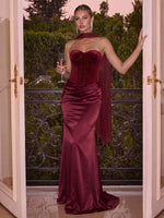 Satin Mermaid Strapless Maxi Evening Dresses with Velvet Corset Bodice