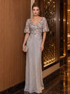 V Neck Flutter Short Sleeves Mermaid Floral Embroidery Sequin Evening Gown