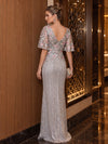 V Neck Flutter Short Sleeves Mermaid Floral Embroidery Sequin Evening Gown