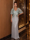 Mermaid V Neck Flutter Short Sleeves Evening Dresses with Sequin Floral Embroidery