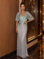 Mermaid V Neck Flutter Short Sleeves Evening Dresses with Sequin Floral Embroidery