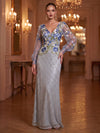 Mermaid V Neck Long Sleeves Evening Dresses with Sequin Floral Embroidery