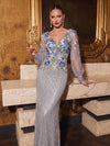 Mermaid V Neck Long Sleeves Evening Dresses with Sequin Floral Embroidery