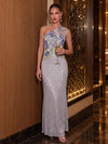 Mermaid One Shoulder Sleeveless Evening Dresses with Sequin Floral Embroidery