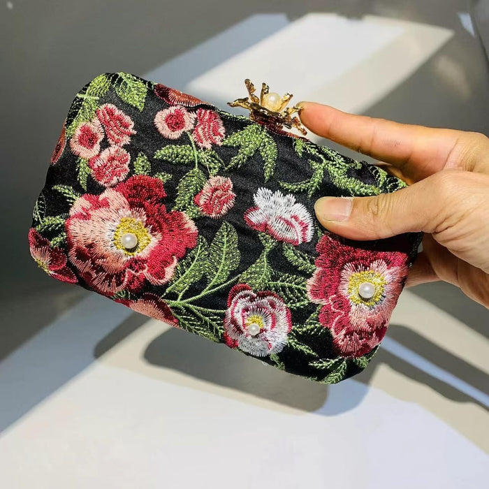 Vintage Pearl Floral Embroidered Clutch Purse Evening Handbag for Women