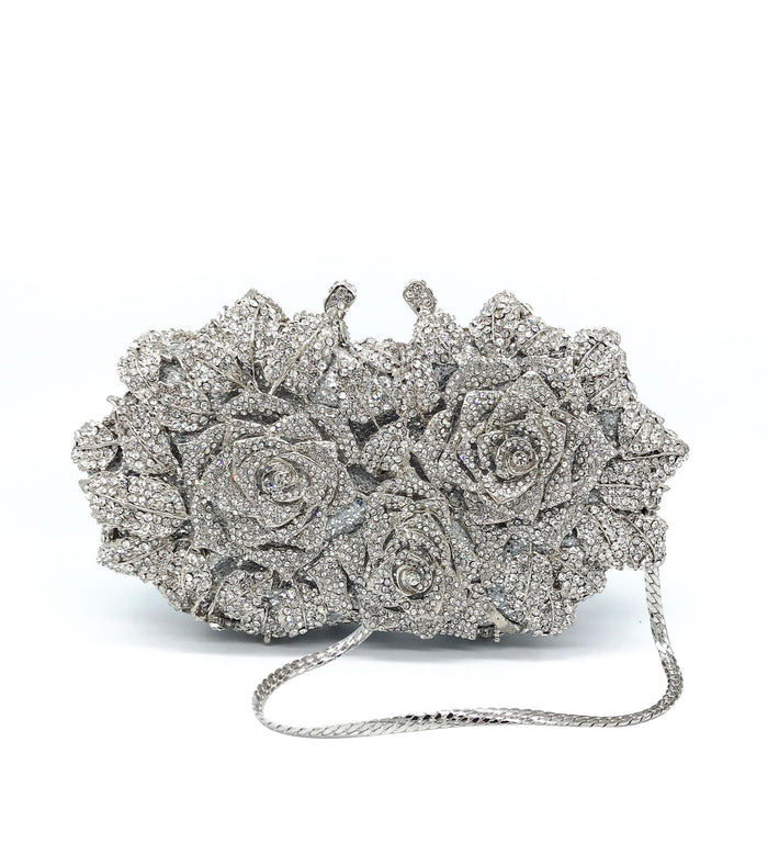 Women's Luxury Sparkly Crystal Rose Evening Clutch Handbag for Party
