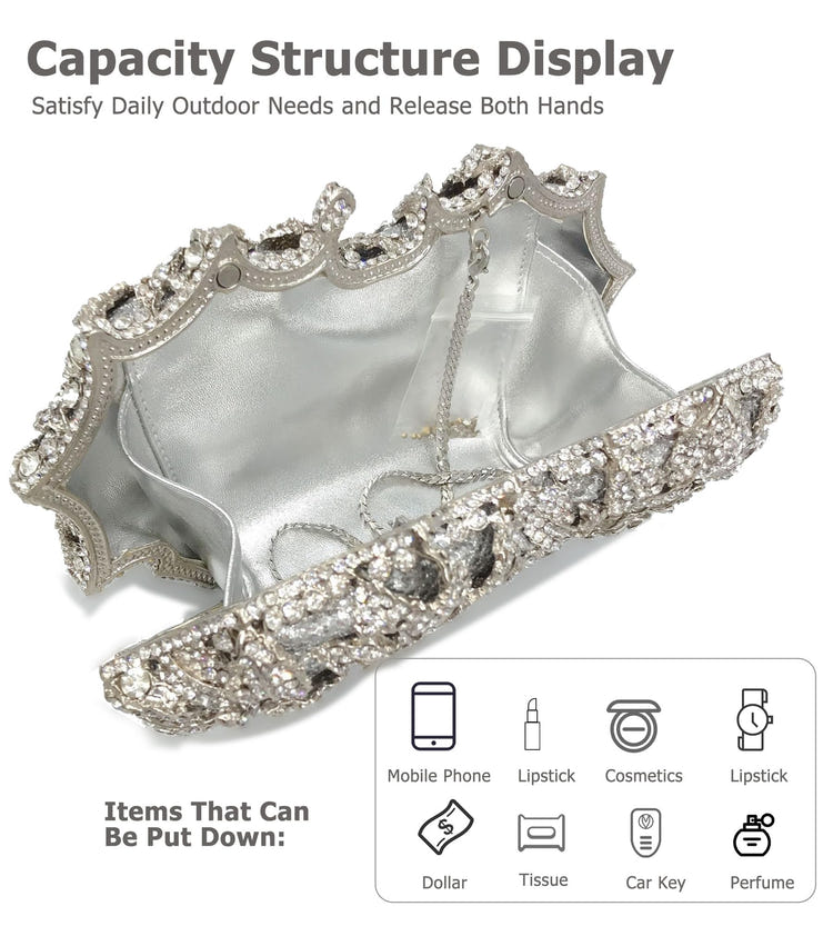 Women's Luxury Sparkly Crystal Rose Evening Clutch Handbag for Party