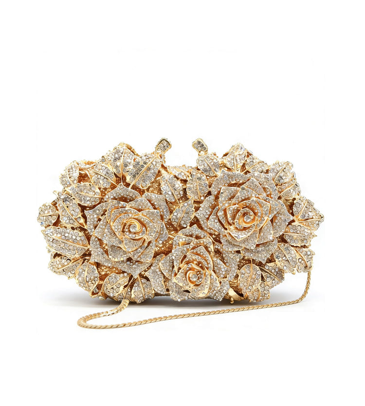 Women's Luxury Sparkly Crystal Rose Evening Clutch Handbag for Party