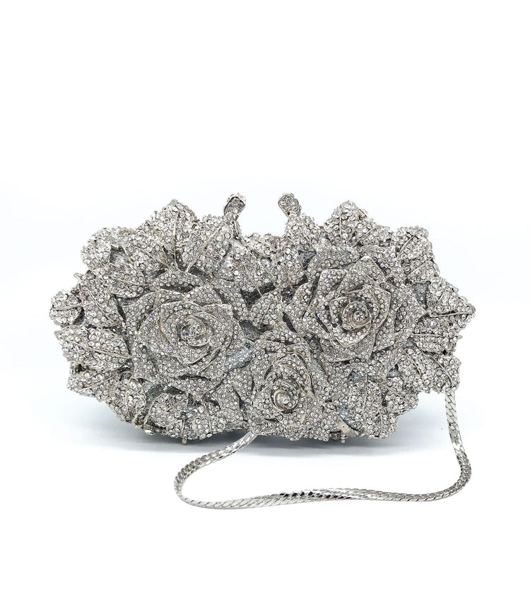 Women's Luxury Sparkly Crystal Rose Evening Clutch Handbag for Party