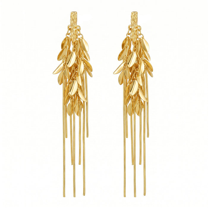 Elegant Gold Cluster Layer Leaf Long Tassel Dangle Drop Earrings for Women