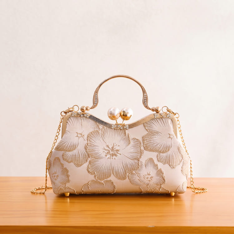Women Retro Floral Embroidery Clutch Bag Pearl Top Handle Chain Crossbody Purse For Wedding Evening Party