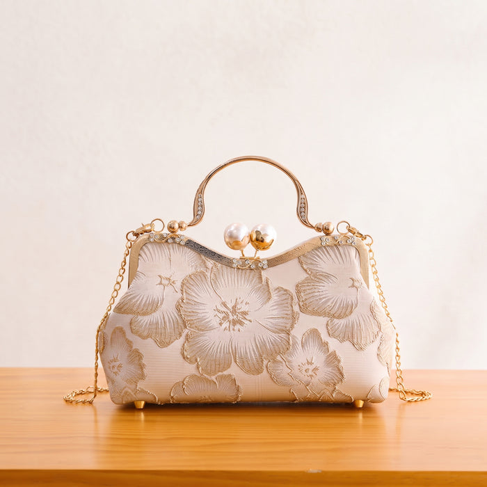 Women Retro Floral Embroidery Clutch Bag Pearl Top Handle Chain Crossbody Purse For Wedding Evening Party