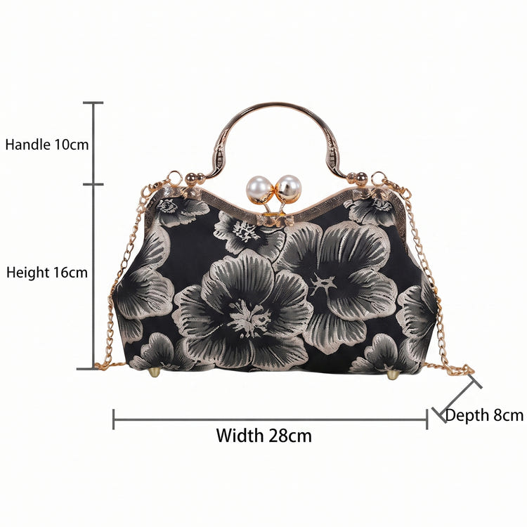Women Retro Floral Embroidery Clutch Bag Pearl Top Handle Chain Crossbody Purse For Wedding Evening Party