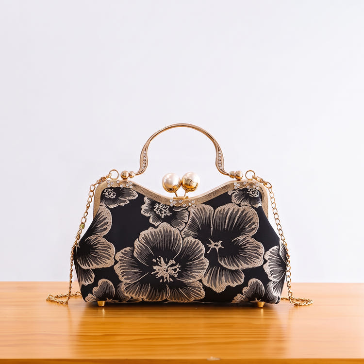 Women Retro Floral Embroidery Clutch Bag Pearl Top Handle Chain Crossbody Purse For Wedding Evening Party