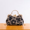Women Retro Floral Embroidery Clutch Bag Pearl Top Handle Chain Crossbody Purse For Wedding Evening Party