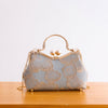 Women Retro Floral Embroidery Clutch Bag Pearl Top Handle Chain Crossbody Purse For Wedding Evening Party