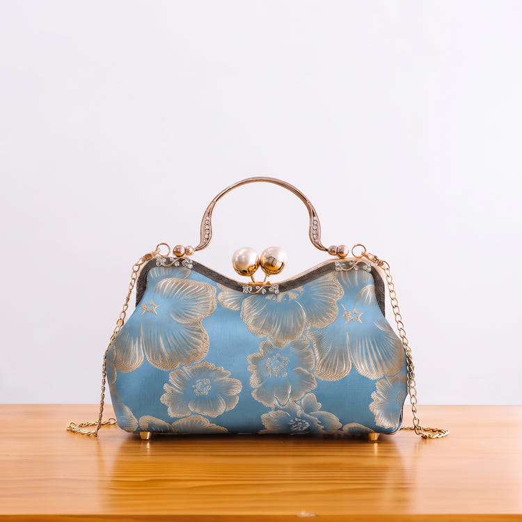 Women Retro Floral Embroidery Clutch Bag Pearl Top Handle Chain Crossbody Purse For Wedding Evening Party
