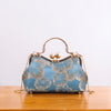 Women Retro Floral Embroidery Clutch Bag Pearl Top Handle Chain Crossbody Purse For Wedding Evening Party