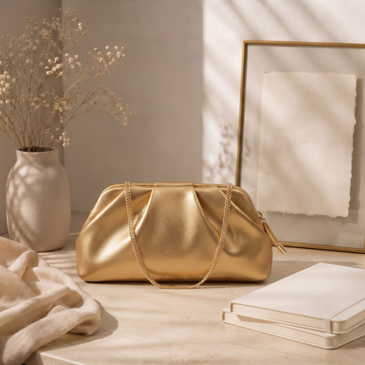 Women Gold Metallic Pleated Cloud Clutch Purse Soft Ruched Pouch Detachable Chain Crossbody Bag For Wedding Prom Evening Party