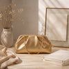 Women Gold Metallic Pleated Cloud Clutch Purse Soft Ruched Pouch Detachable Chain Crossbody Bag For Wedding Prom Evening Party