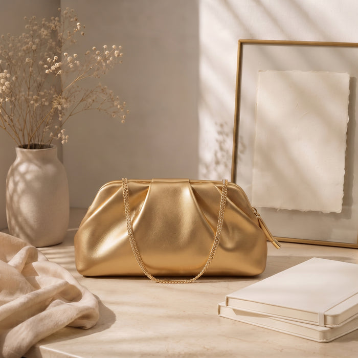 Women Gold Metallic Pleated Cloud Clutch Purse Soft Ruched Pouch Detachable Chain Crossbody Bag For Wedding Prom Evening Party