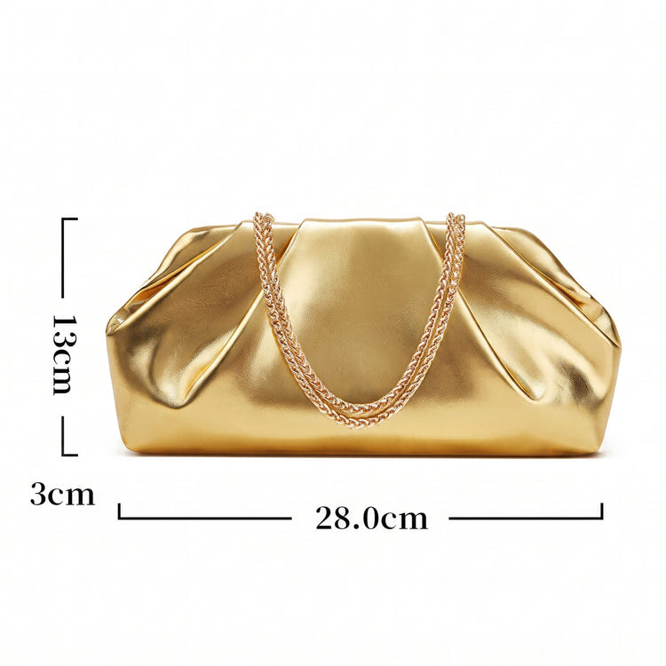Women Gold Metallic Pleated Cloud Clutch Purse Soft Ruched Pouch Detachable Chain Crossbody Bag For Wedding Prom Evening Party