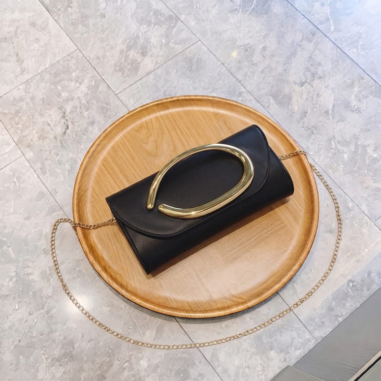 Women PU Leather Envelope Clutch Purse With Large Gold Metal Ring Handle Detachable Chain Crossbody Bag For Wedding Prom Formal Evening Party