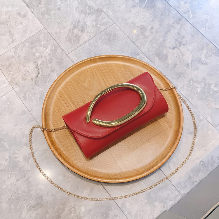 Women PU Leather Envelope Clutch Purse With Large Gold Metal Ring Handle Detachable Chain Crossbody Bag For Wedding Prom Formal Evening Party