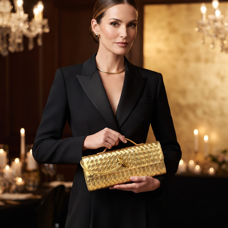 Women Woven PU Leather Long Envelope Clutch Purse Gold Twist Lock Top‑Handle Detachable Adjustable Crossbody Bag For Wedding Cocktail Formal Evening Party