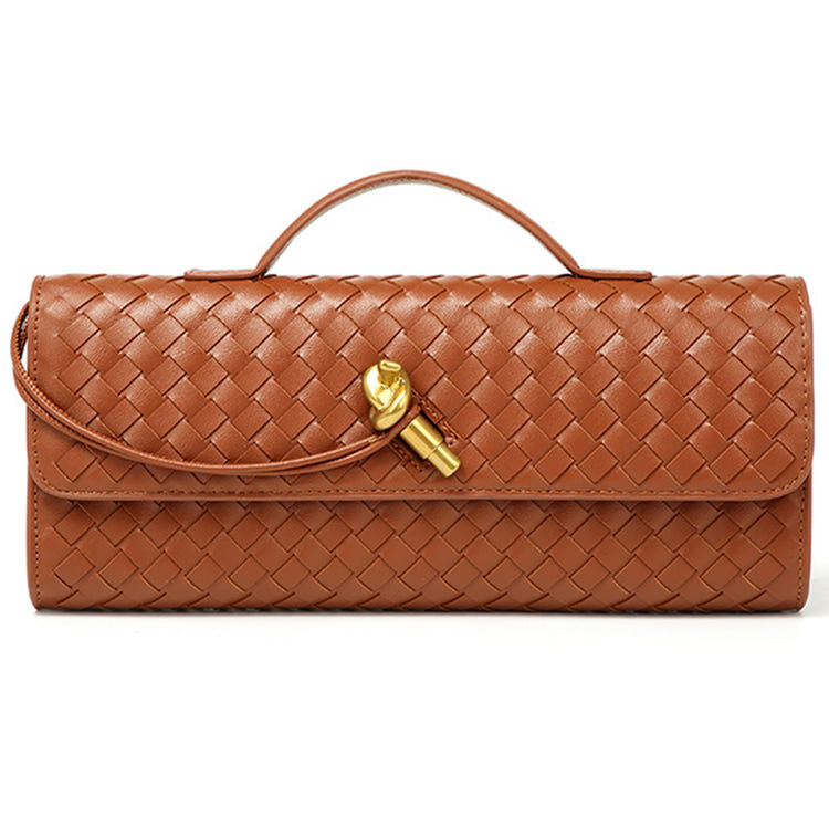 Women Woven PU Leather Long Envelope Clutch Purse Gold Twist Lock Top‑Handle Detachable Adjustable Crossbody Bag For Wedding Cocktail Formal Evening Party