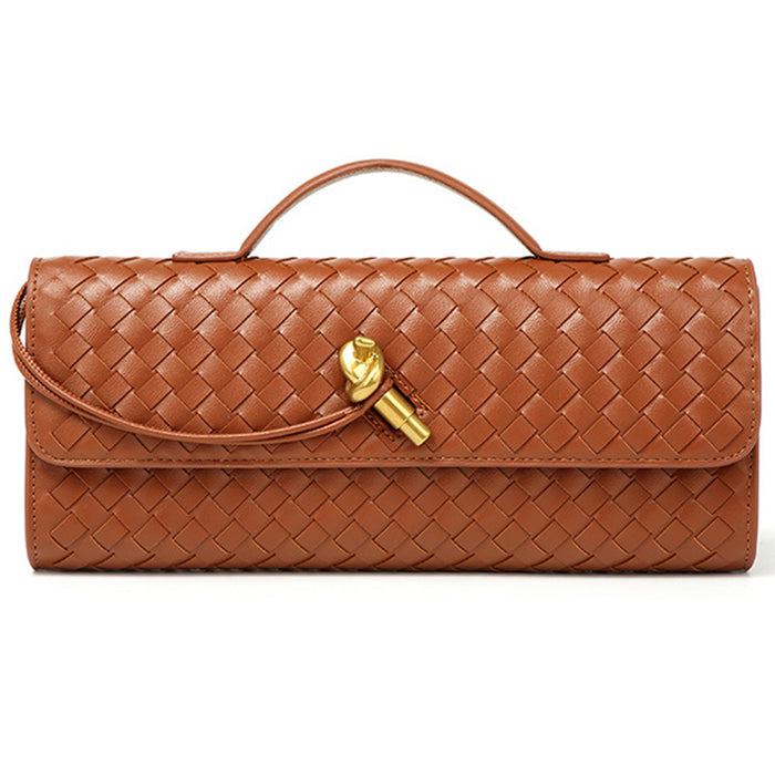 Women Woven PU Leather Long Envelope Clutch Purse Gold Twist Lock Top‑Handle Detachable Adjustable Crossbody Bag For Wedding Cocktail Formal Evening Party