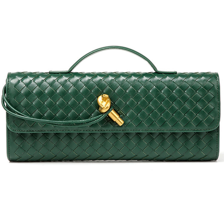 Women Woven PU Leather Long Envelope Clutch Purse Gold Twist Lock Top‑Handle Detachable Adjustable Crossbody Bag For Wedding Cocktail Formal Evening Party
