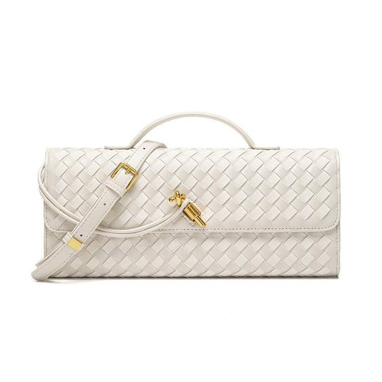 Women Woven PU Leather Long Envelope Clutch Purse Gold Twist Lock Top‑Handle Detachable Adjustable Crossbody Bag For Wedding Cocktail Formal Evening Party