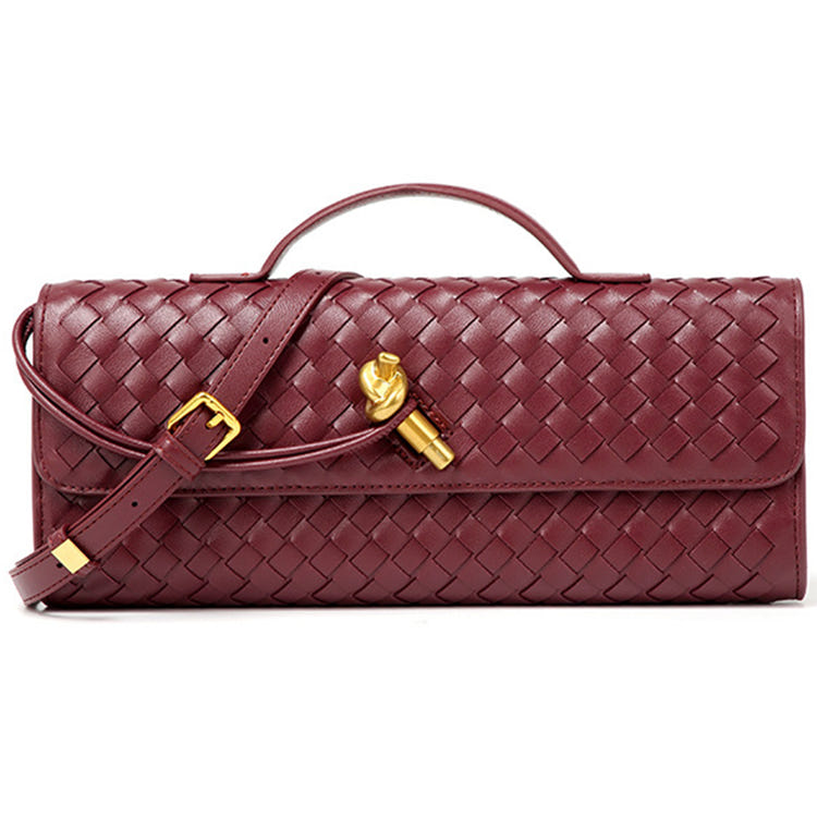 Women Woven PU Leather Long Envelope Clutch Purse Gold Twist Lock Top‑Handle Detachable Adjustable Crossbody Bag For Wedding Cocktail Formal Evening Party
