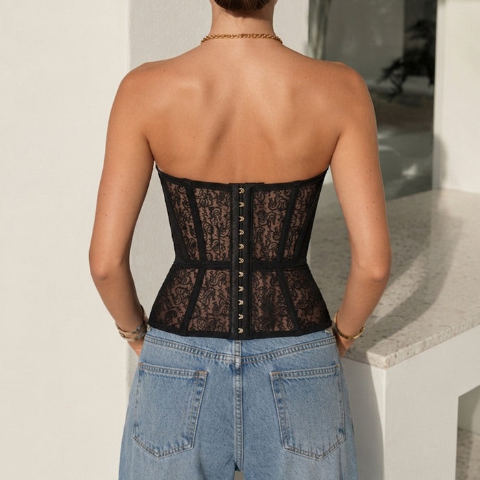 Strapless Sweetheart Lace Corset Top, Boned Waist Cinching Body Shaping Bustier Top For Women Party Night Out