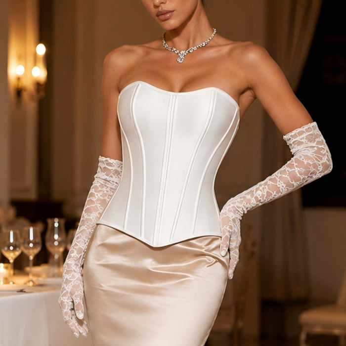 Strapless Sweetheart Satin Overbust Corset Top Boned Waist Cinching Lace‑Up Back Body Shaper Bustier