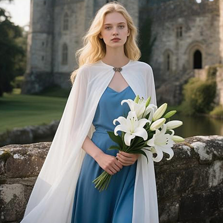 Sheer Chiffon Floor‑Length Bridal Cape Decorative Clasp Long Flowing Wedding Shoulder Cover‑Up Cape For Bride