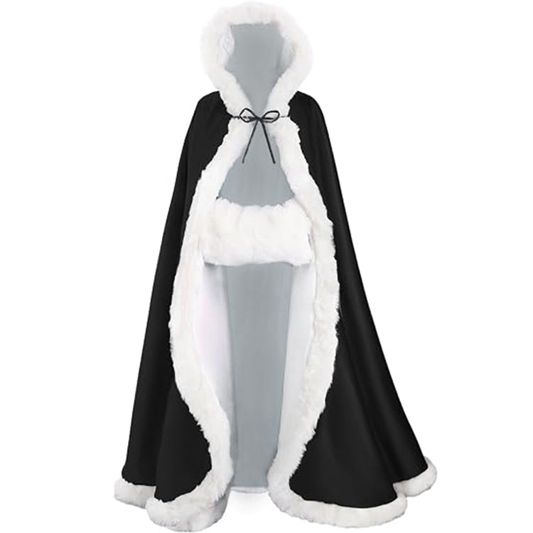 Floor‑Length Velvet Hooded Cape With Faux‑Fur Trim Winter Bridal Cloak With Matching Hand Muff For Holiday & Wedding