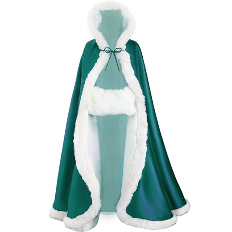 Floor‑Length Velvet Hooded Cape With Faux‑Fur Trim Winter Bridal Cloak With Matching Hand Muff For Holiday & Wedding