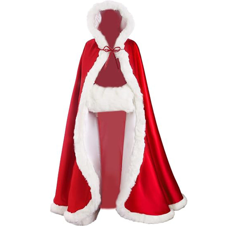 Floor‑Length Velvet Hooded Cape With Faux‑Fur Trim Winter Bridal Cloak With Matching Hand Muff For Holiday & Wedding