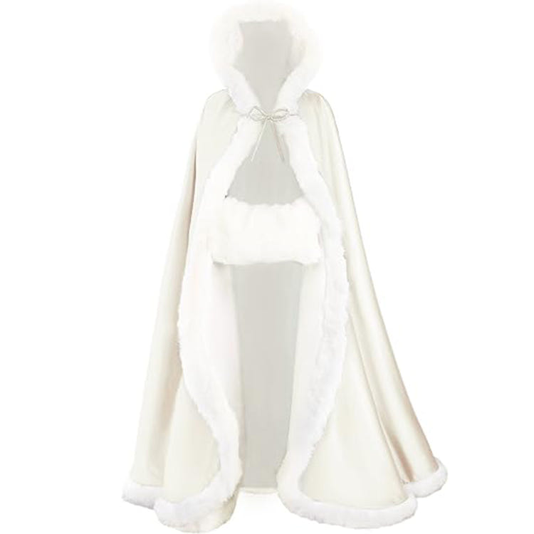 Floor‑Length Velvet Hooded Cape With Faux‑Fur Trim Winter Bridal Cloak With Matching Hand Muff For Holiday & Wedding