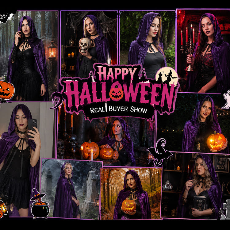 Velvet Hooded Long Halloween Cloak Floor‑Length Witch Wizard Cosplay Cape With Ribbon Tie For Costume Party
