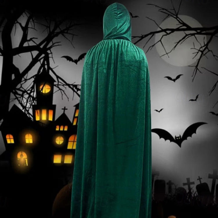 Velvet Hooded Long Halloween Cloak Floor‑Length Witch Wizard Cosplay Cape With Ribbon Tie For Costume Party