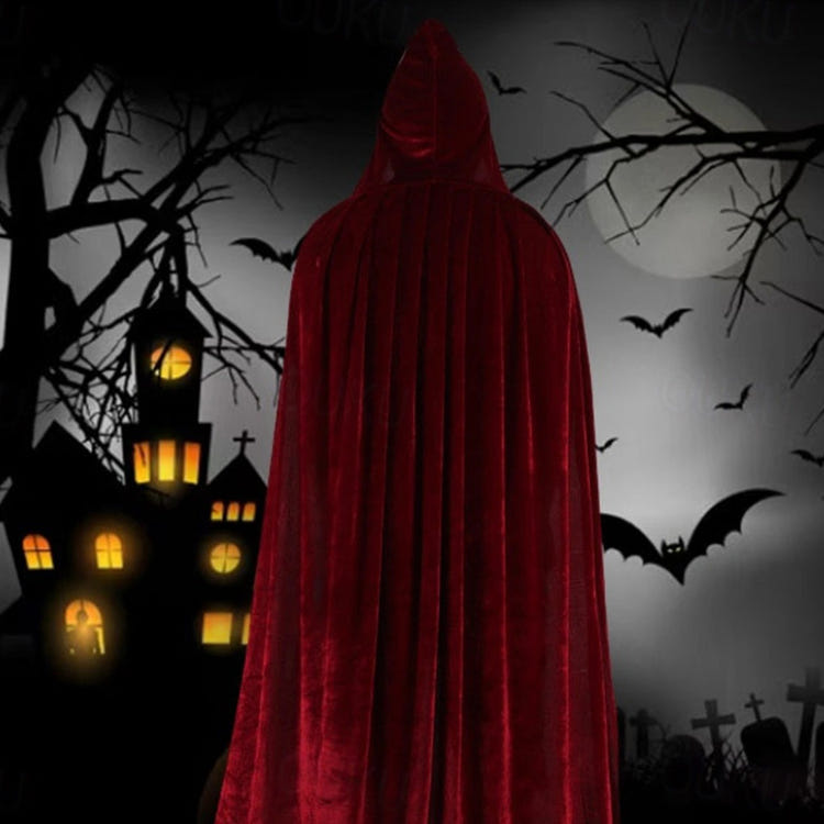 Velvet Hooded Long Halloween Cloak Floor‑Length Witch Wizard Cosplay Cape With Ribbon Tie For Costume Party