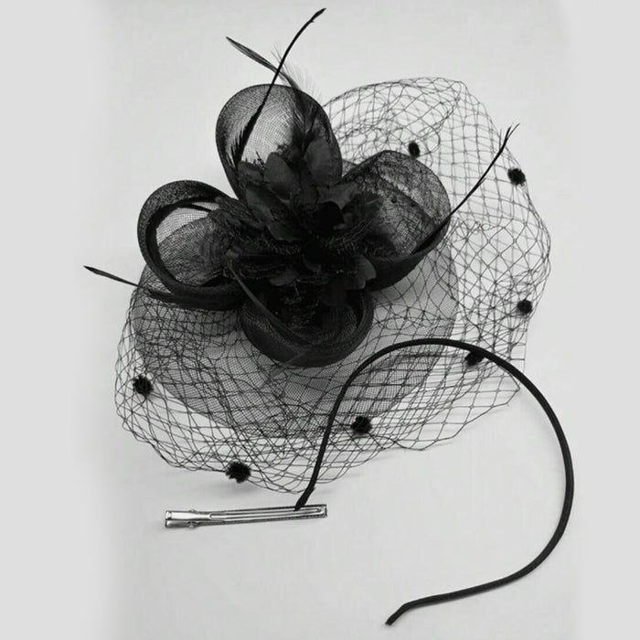 Vintage Birdcage Veil Fascinator Hat With Fabric Flower & Feather For Women Tea Party Wedding