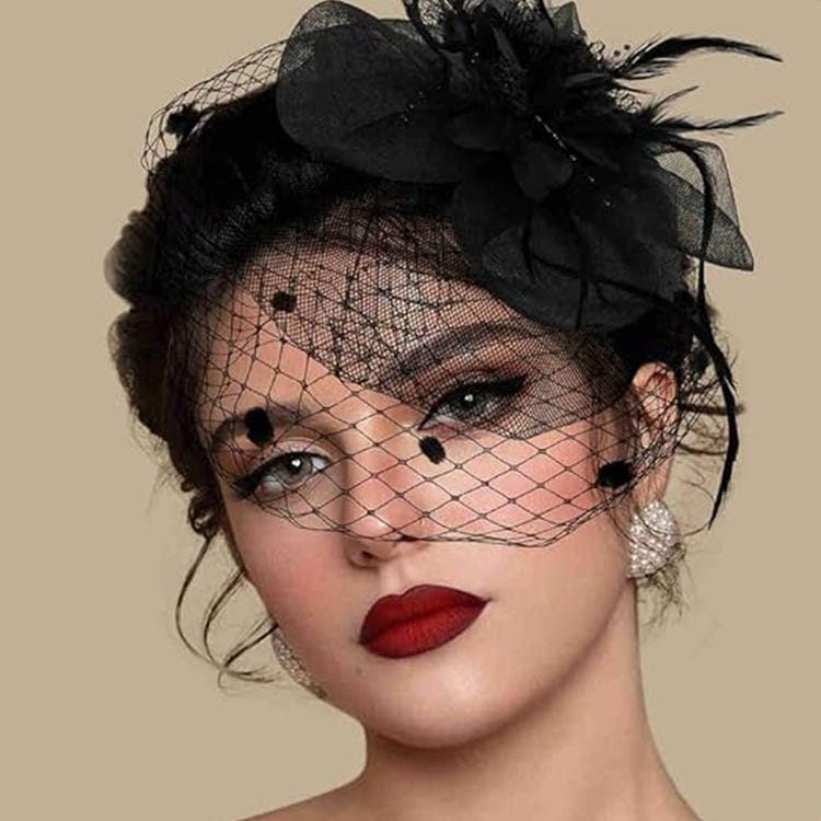 Vintage Birdcage Veil Fascinator Hat With Fabric Flower & Feather For Women Tea Party Wedding
