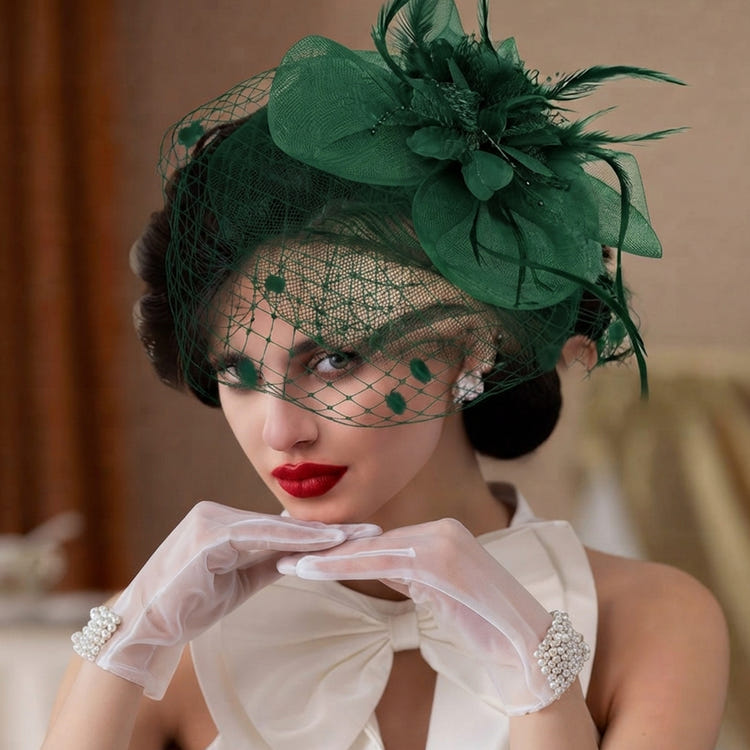 Vintage Birdcage Veil Fascinator Hat With Fabric Flower & Feather For Women Tea Party Wedding